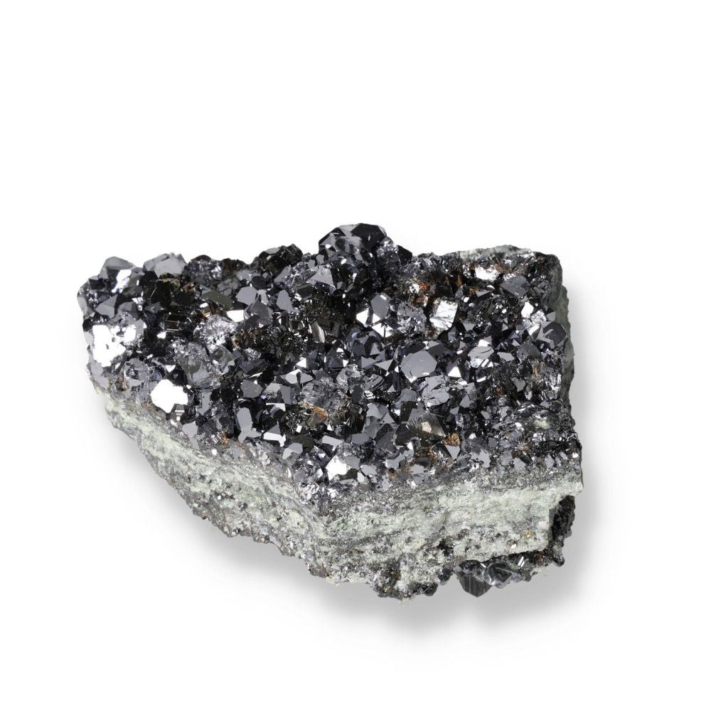 Galena with Sphalerite mineral specimen showcasing metallic luster and geometric crystal formations on a white background.