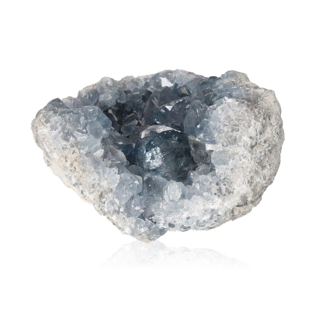 Celestite crystal displaying calming blue hues, known for promoting peace, harmony, and divine connection in spiritual practices.