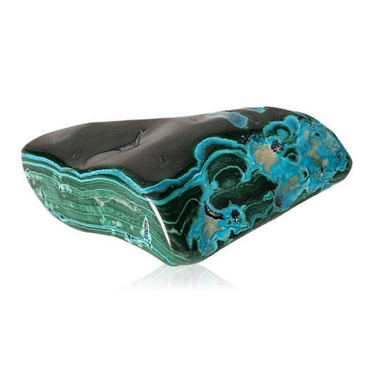 Polished Blue Chrysocolla with Malachite gemstone showcasing vibrant blue and green hues for balance and tranquility.