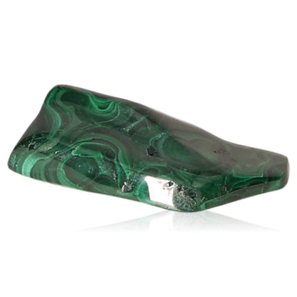 Polished green malachite stone with swirled patterns, known for soothing energy and promoting courage, hope, and inner harmony.