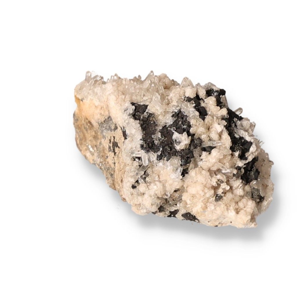 Raw black and white quartz mineral with unique texture, known for its spiritual properties and chakra alignment.