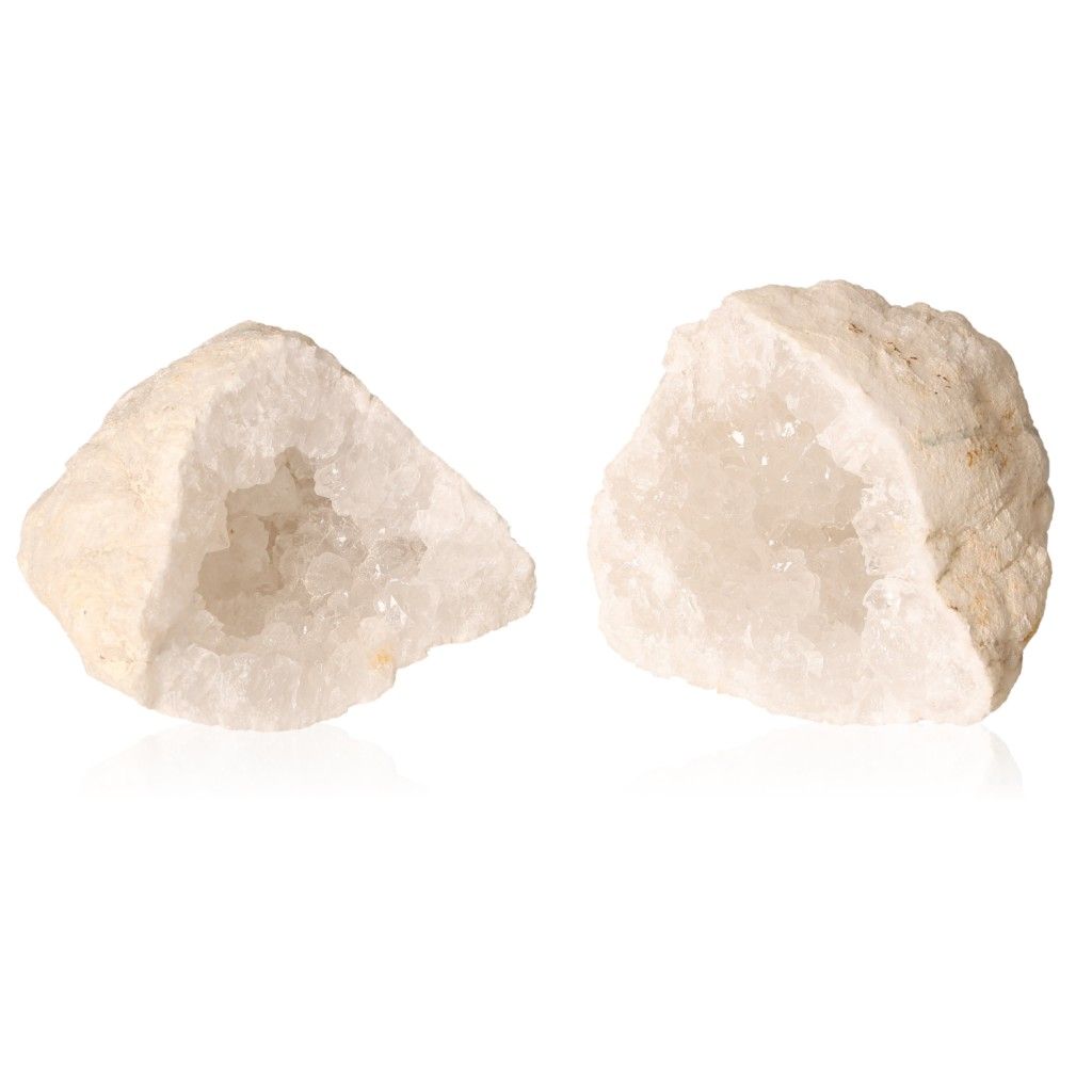 Milky quartz geodes with cloudy white crystals, perfect for purifying energy and enhancing tranquility and clarity.