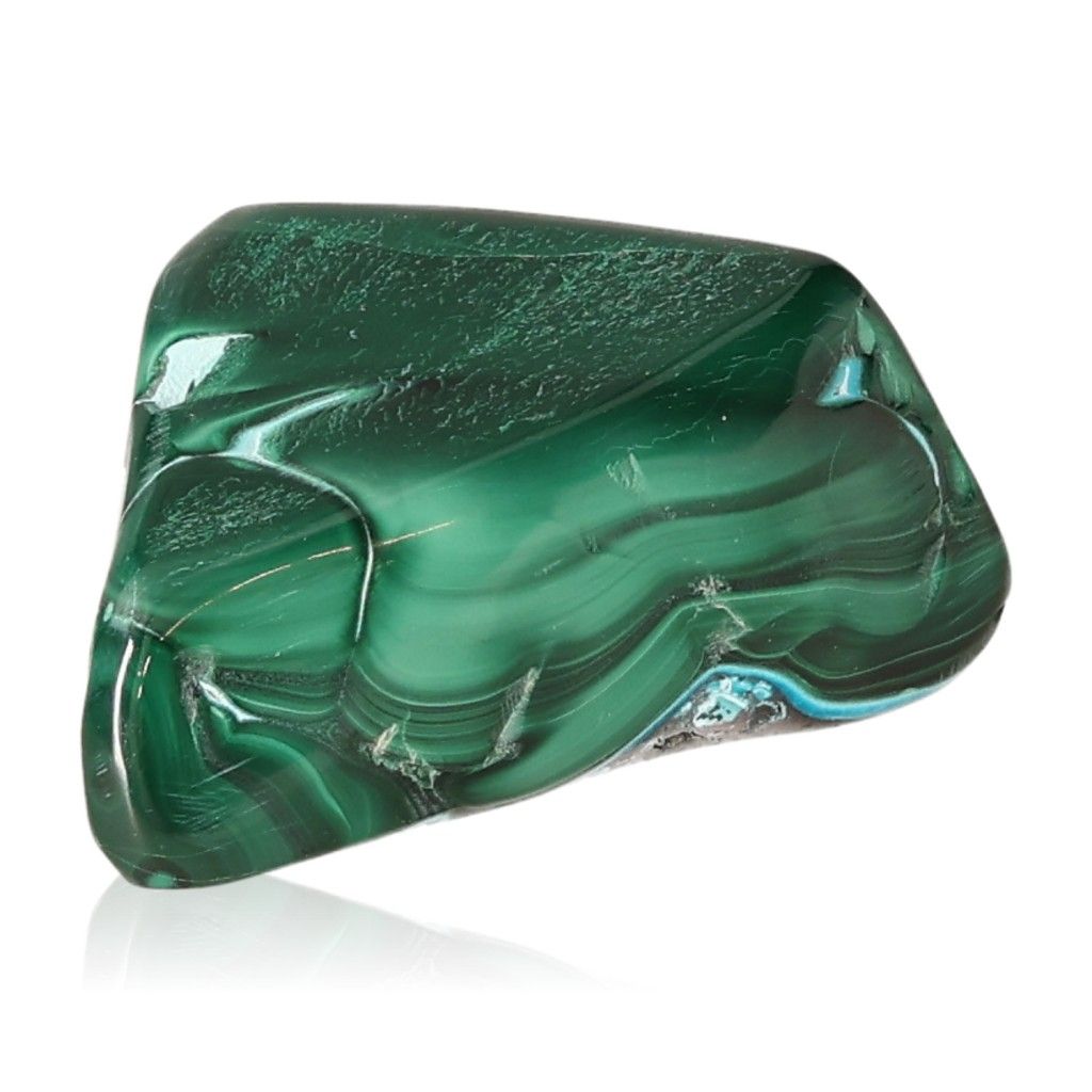 Green malachite gemstone with swirling patterns, showcasing its natural beauty and transformative energy.