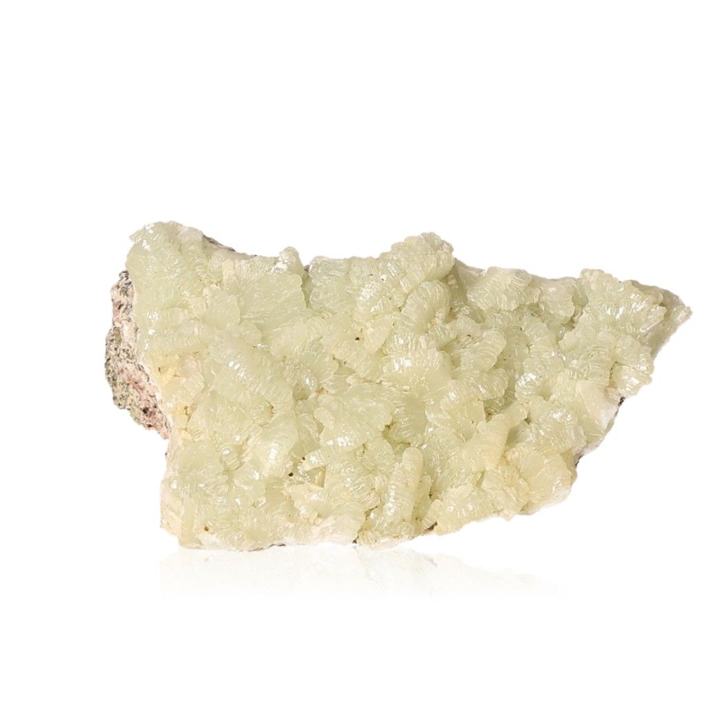 Prehnite druze gemstone with soothing pale green crystals promoting inner peace and spiritual growth.