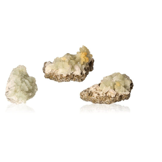 Small prehnite druzes with pale green crystals, showcasing soothing and calming properties for inner peace and spiritual growth.