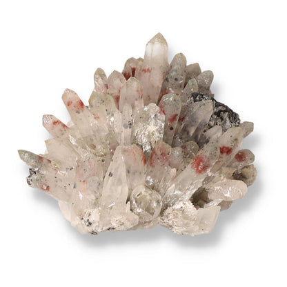 Quartz crystal cluster with sphalerite and hematite inclusions, promoting spiritual and energetic balance.