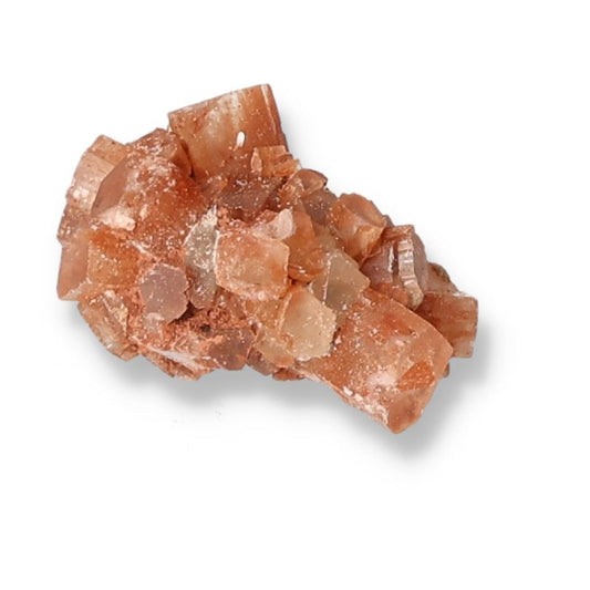 Brown aragonite crystal cluster on white background.