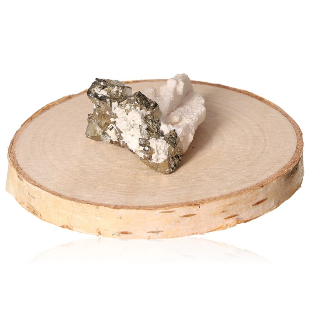 Pyrite druze stone on wooden base, symbolizing independence and courage for idea generation and achievement.