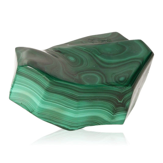 Polished malachite stone with green swirling patterns, symbolizing nature's soothing energy and promoting courage and optimism.