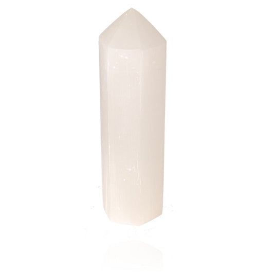 Selenite tower hex crystal by Sylvia Crystals, designed for spiritual growth and mindful living.