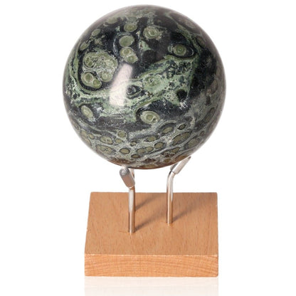 Kambaba Jasper Sphere on Wooden Stand, Green and Black Crystal Known for Peace and Ancient Wisdom Benefits