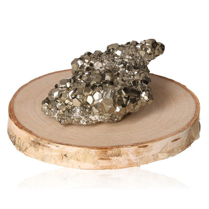 Pyrite druzy stone on wooden base, ideal for boosting independence and motivation, encouraging new ideas and goal achievement