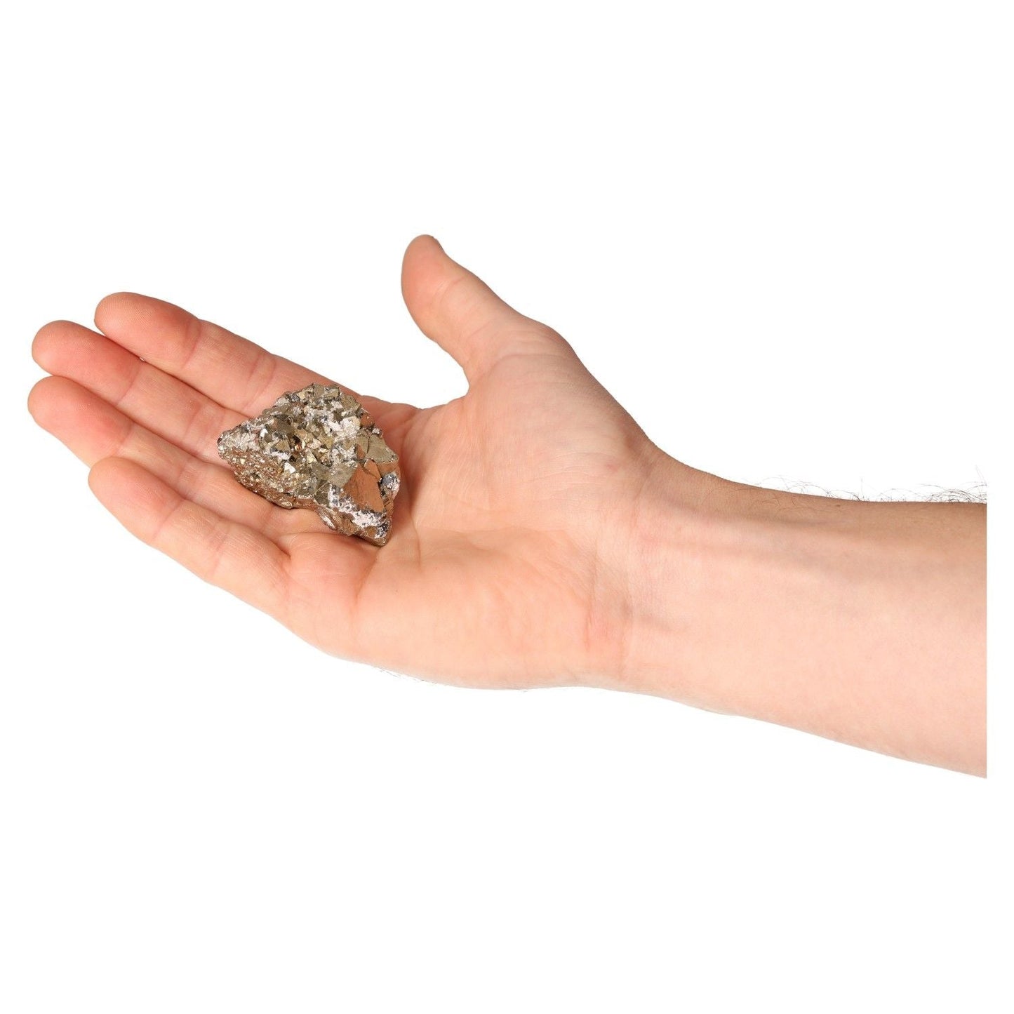 Hand holding a piece of pyrite druzy crystal for inspiration and courage