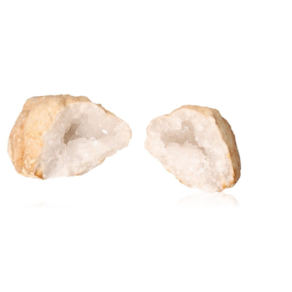 Milky quartz geode split open, revealing sparkling white crystals, ideal for purifying energy and enhancing tranquility.