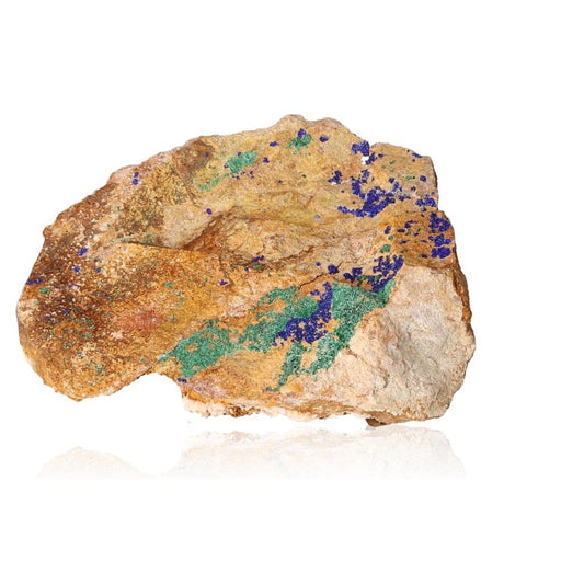 Azurite with Malachite mineral specimen displaying vibrant blue and green patterns on a textured rock surface.