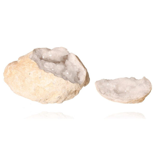 Milky quartz geode with sparkling cloudy white crystals, known for purifying energy and enhancing tranquility and clarity.