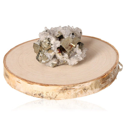 Pyrite druze stone on wooden base, promotes independence and courage, stimulates action and new ideas for life improvement.