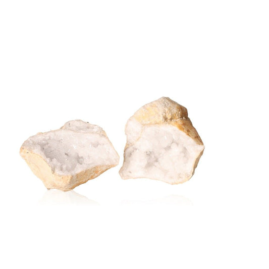 Open quartz geode showing sparkling cloudy white crystals inside rugged outer shell, perfect for energy cleansing and tranquility.