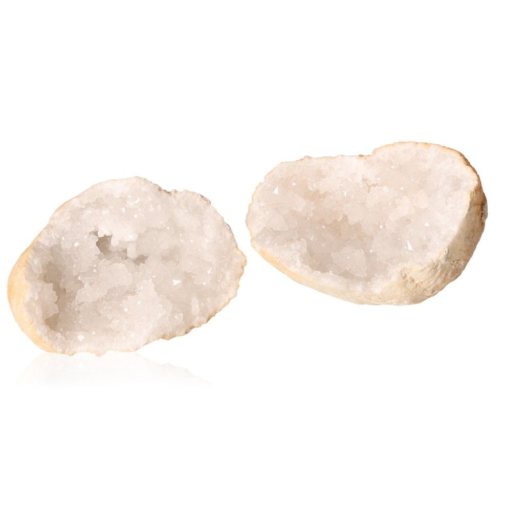 Milky quartz geode with sparkling, cloudy white crystals, known for purifying and amplifying energy, enhancing tranquility and clarity.