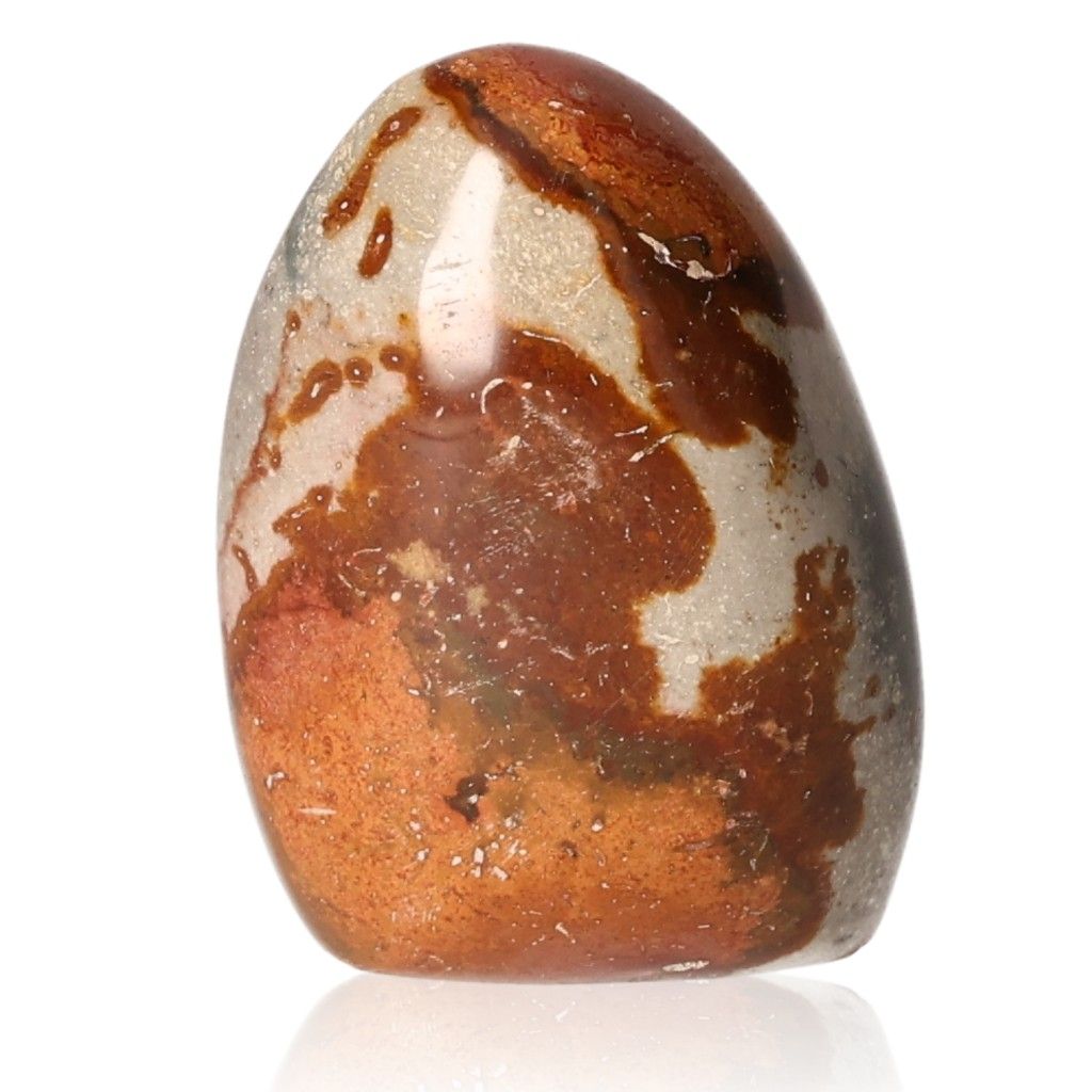 Polychrome Jasper Free Form with vibrant red, orange, and brown patterns, showcasing its unique banded appearance and energizing properties.