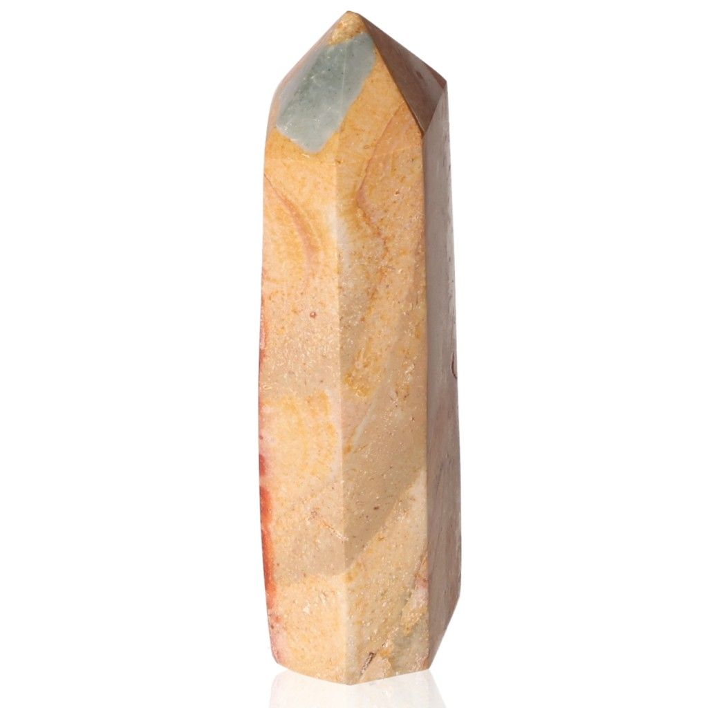 Polychrome Jasper Tower with vibrant red, orange, brown, green, and yellow colors, known for grounding and energizing properties.