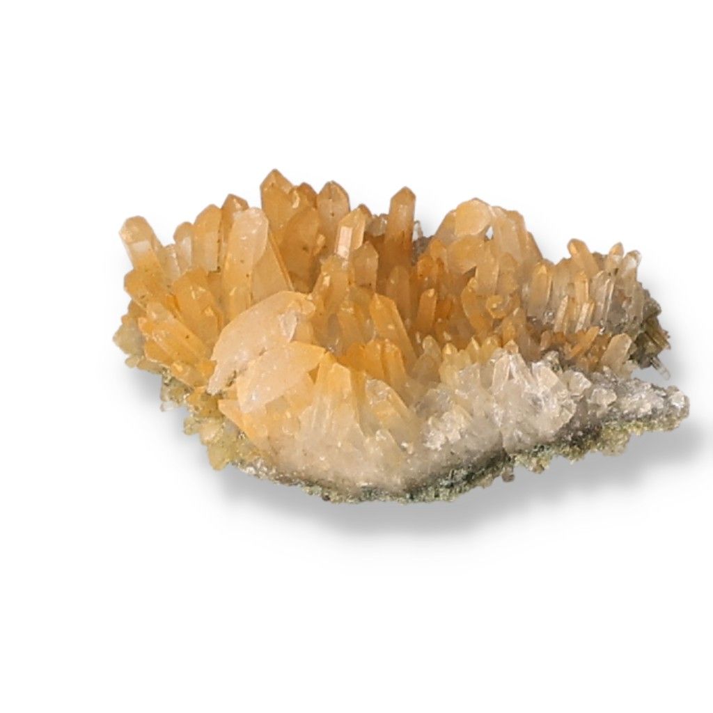 Quartz crystal with iron oxide, showcasing vibrant yellow and orange hues, associated with chakras and zodiac signs for spiritual balance.