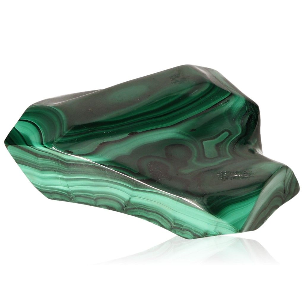 Polished green malachite stone with swirling patterns, known for its soothing energy and ability to inspire optimism.