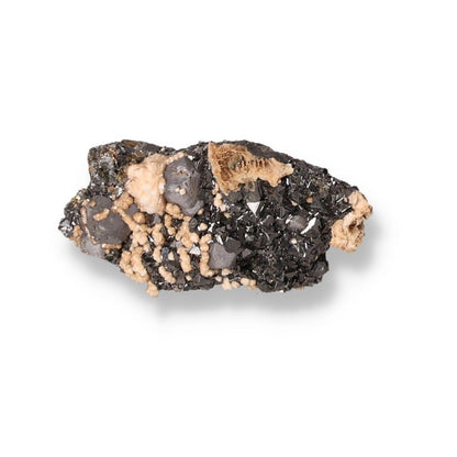 Galena specimen with pyrite inclusions against a white background, showcasing metallic and earthy textures.