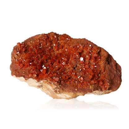 Vanadinite Druze with vibrant reddish-brown hexagonal crystals on a glassy surface, enhancing focus and motivation.