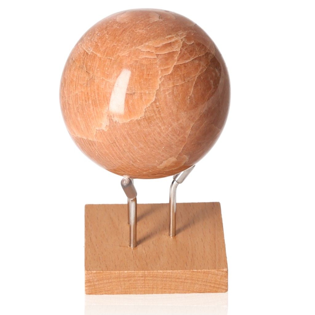 Peach Moonstone Sphere on Wooden Stand for Emotional Healing and Inner Peace