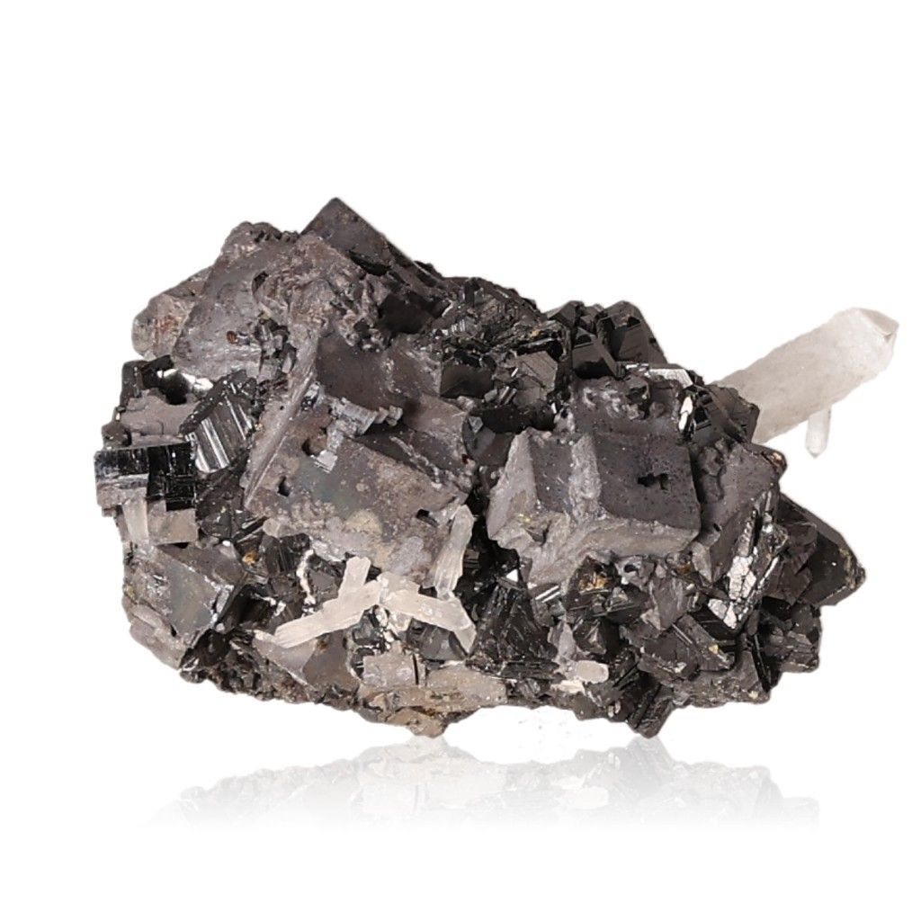 Galena mineral specimen showcasing dark metallic cubes, valued for its grounding properties in spiritual practices.