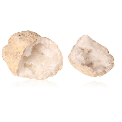 Milky quartz geode split open showing sparkling white crystals, known for purifying energy and enhancing focus and tranquility.