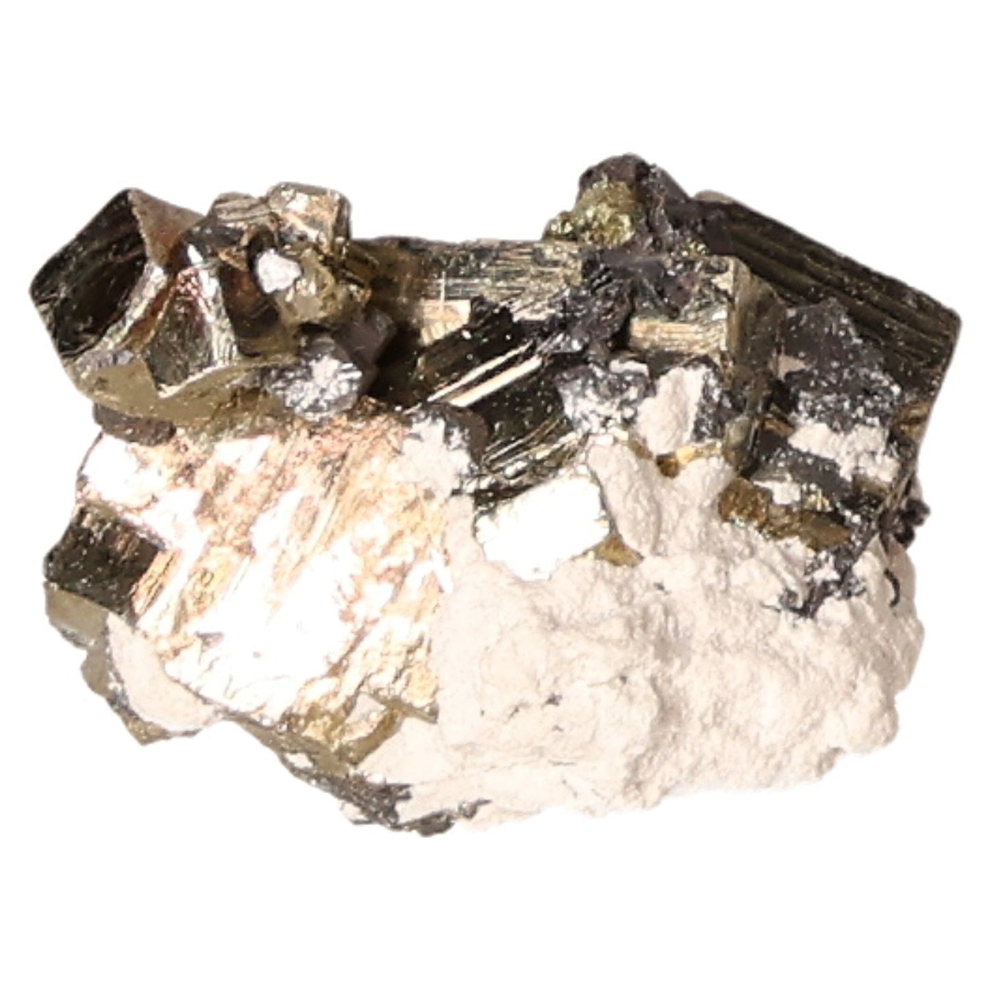 Shiny pyrite druzy crystal cluster on a white background.