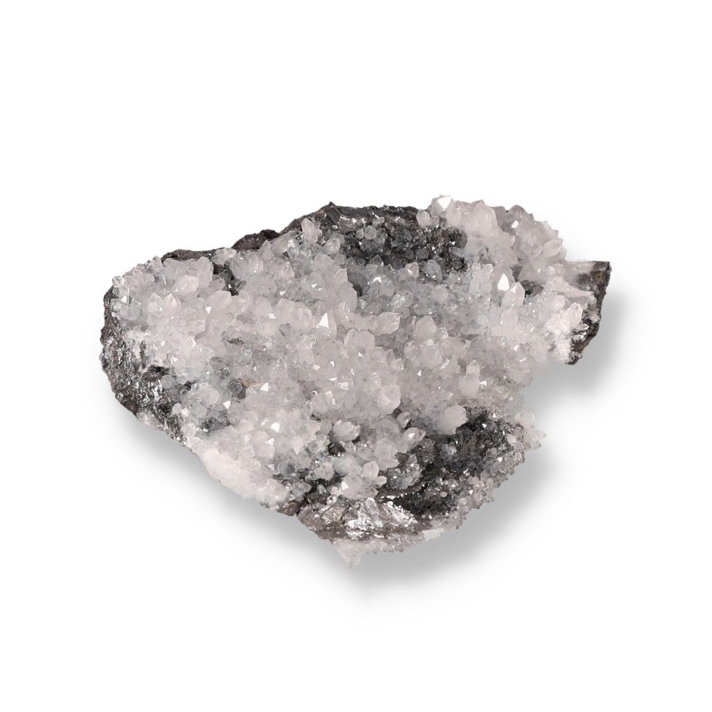 Raw quartz crystal on galena stone with reflective surface, enhancing spiritual practices and purification of negative energy.