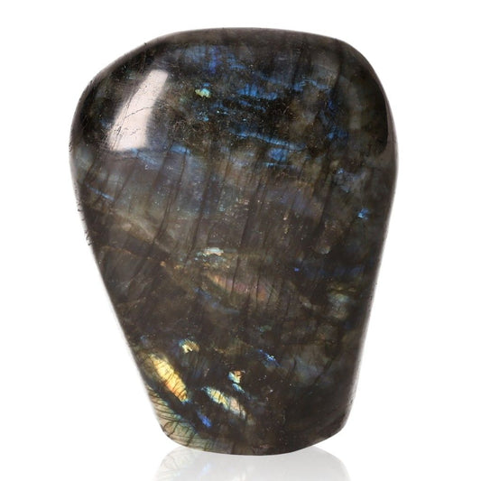 Labradorite polished cut base with colorful flashes by Sylvia Crystals, showcasing elegance and transformative energy.