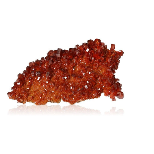 Vibrant hexagonal red Vanadinite druzy crystal with glassy surface and geometric shapes.