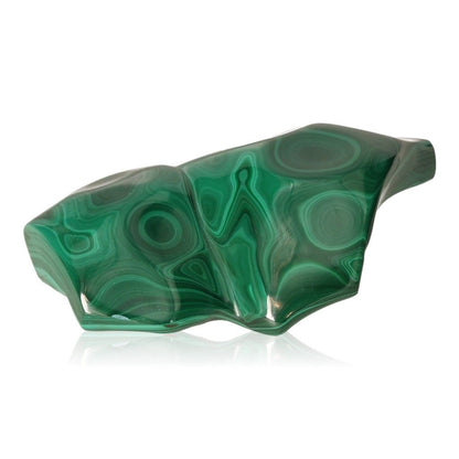 Polished green malachite stone with unique swirling patterns, symbolizing soothing energy and inner harmony.