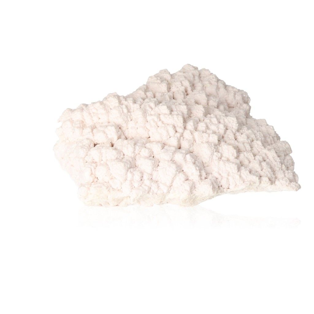 Mangano Calcite stone with soft pink hues for love, compassion, and emotional healing on a white background.