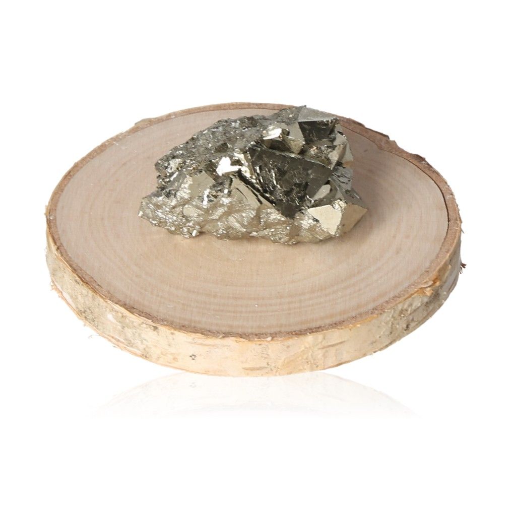 Pyrite druzy stone on wooden base, promoting independence and inspiring new ideas for personal growth and initiative.