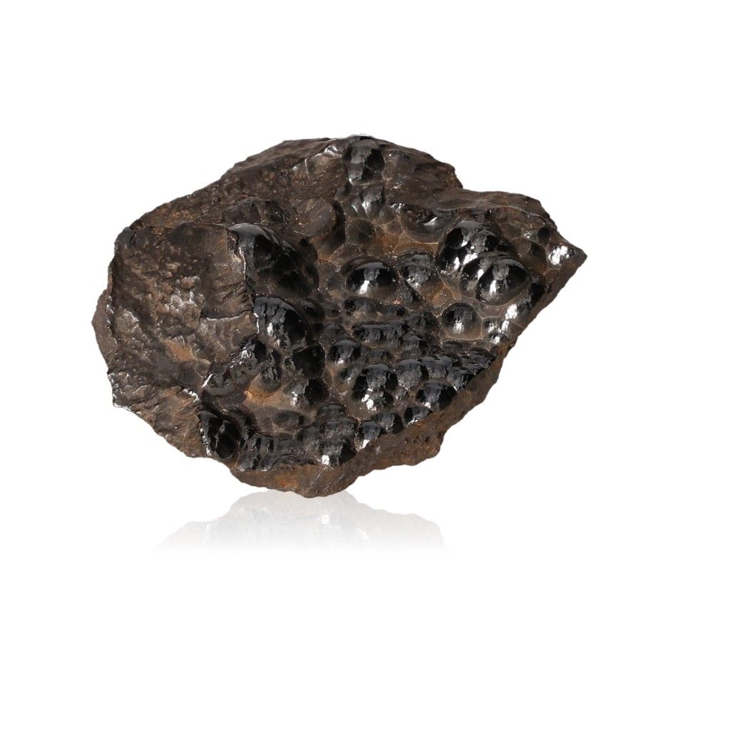 Polished botryoidal hematite crystal cluster for grounding and empowerment, featuring metallic shimmer and iron-rich formations.