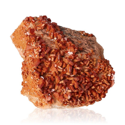 Vanadinite druzy crystal cluster showcasing vibrant red-orange hexagonal formations enhancing focus and motivation.