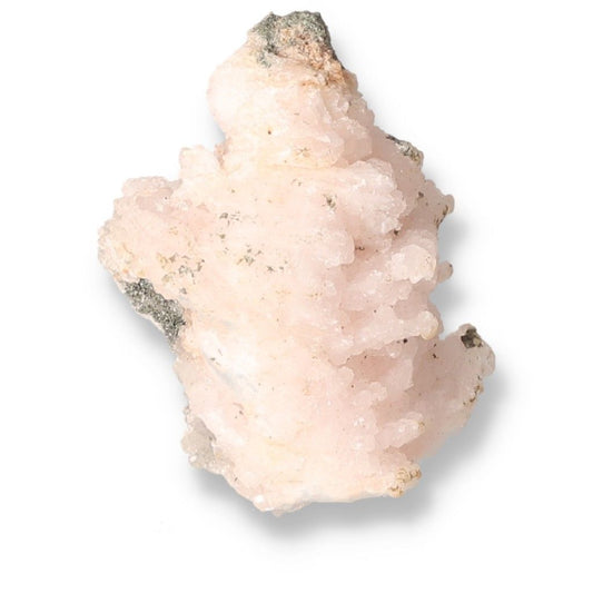 Pink quartz crystal with rough, textured surface and mineral inclusions, known for spiritual healing and chakra alignment.