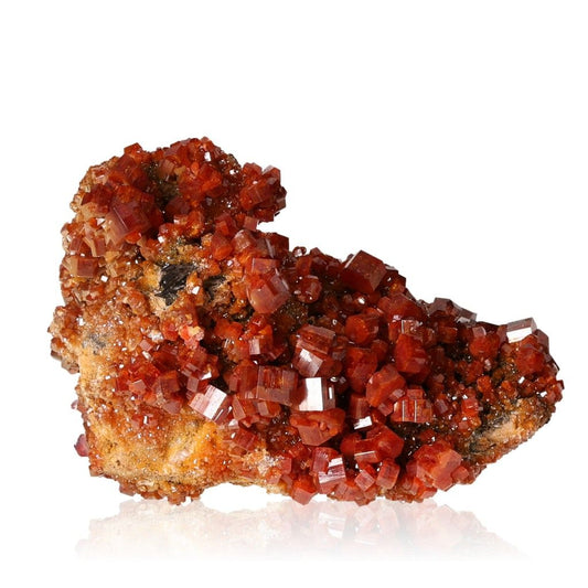 Vanadinite Druze with reddish-brown hexagonal crystals on white background