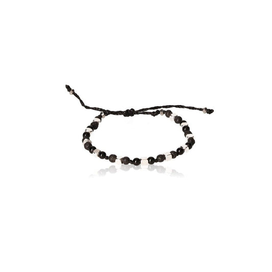 Adjustable lava onyx bracelet 19cm with black beads and a tie closure, showcasing natural elements for style and comfort.