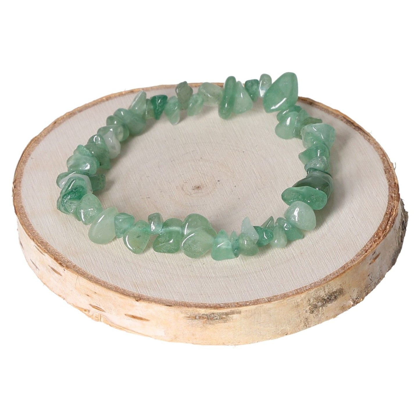 Aventurine bracelet with green gemstone chips on a wooden display.