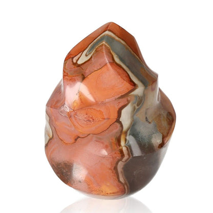 Polychrome Jasper Flame with vibrant red, orange, and brown patterns showcasing its unique banded appearance and energizing properties.