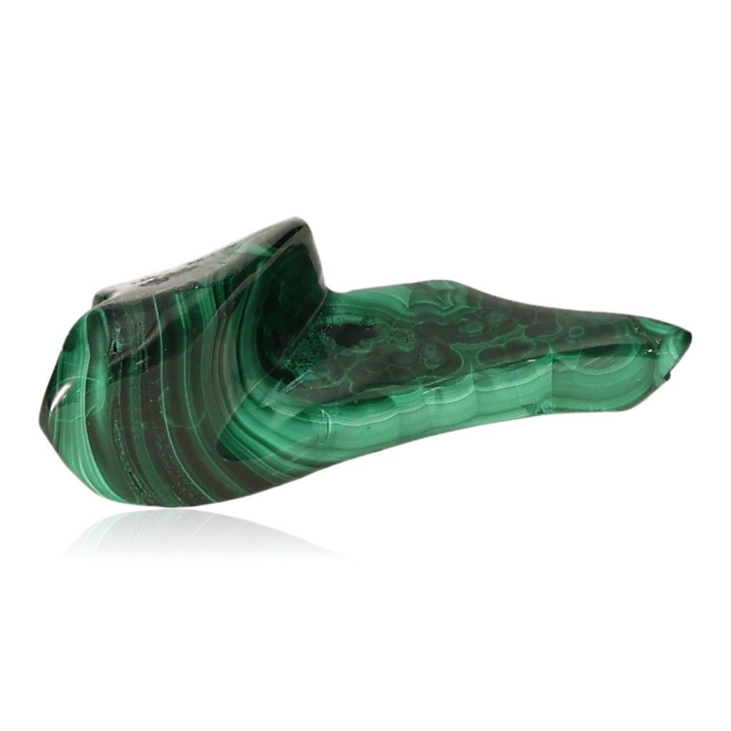 Polished malachite stone displaying vibrant green hues and natural patterns, symbolizing nature's soothing and energizing properties.