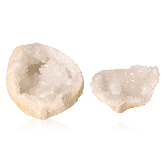 Milky quartz geode with sparkling white crystals inside, known for energy purification and enhancing tranquility and clarity.