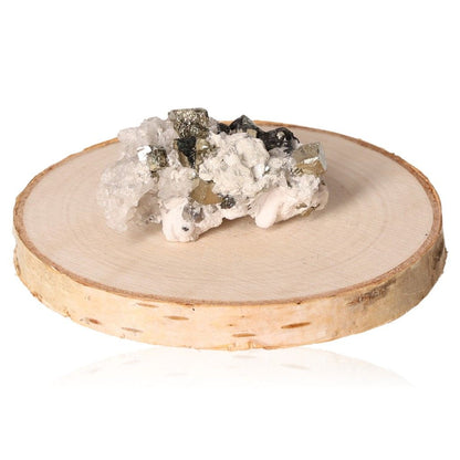 Pyrite druze stone on wooden base, promoting independence and inspiring new ideas. Perfect for motivation and goal achievement.