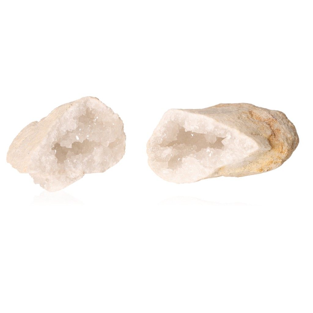 Milky quartz geode with sparkling cloudy white crystals and rugged outer shell, perfect for energy balance and tranquility.